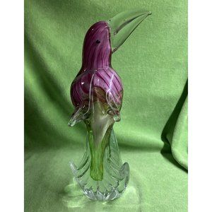 OLLIERV Diamond Star Art Glass Heavy Toucan Pink Green With Clear Beak 12” Tall
